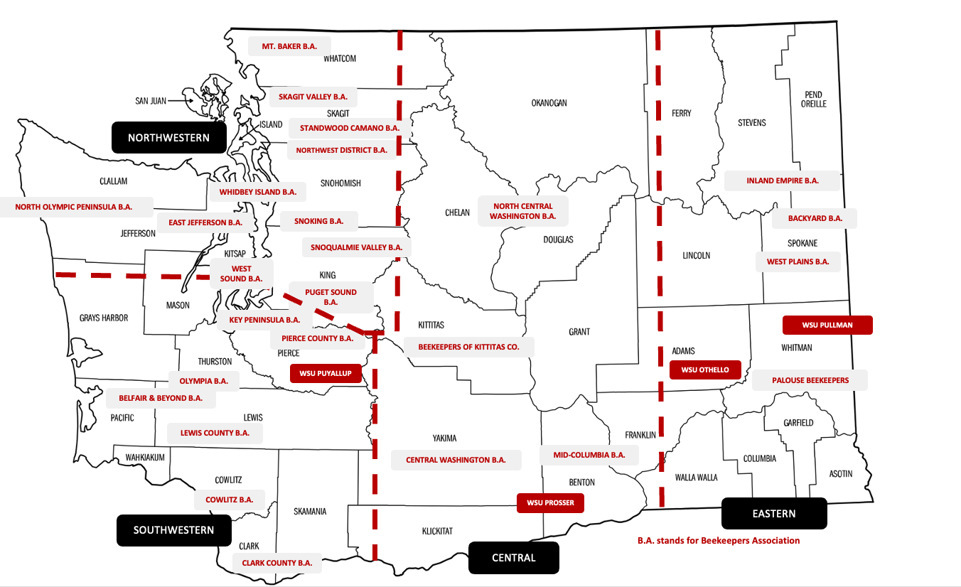 Map of washington state with beekeeper association names specified near their regions